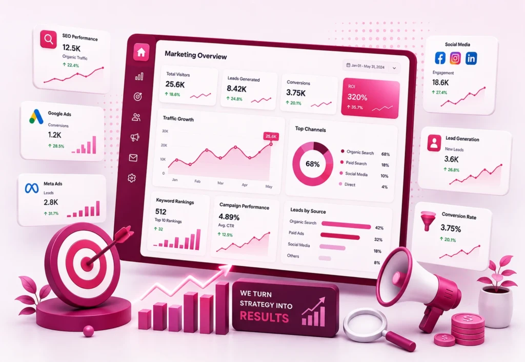 Digital marketing analytics dashboard for SEO, ads, leads and ROI growth