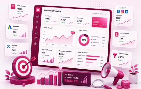 Digital marketing analytics dashboard for SEO, ads, leads and ROI growth